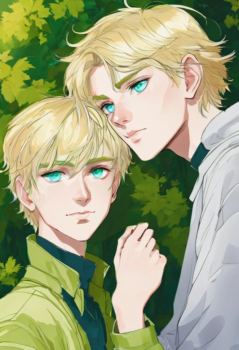 Two boys, one blond blue eyes and the other dark green eyes, both 16 years old, tighting 