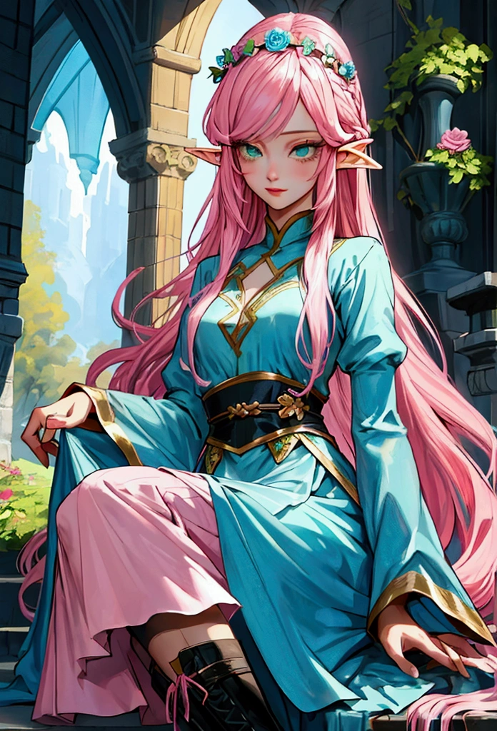 beautiful adult women elf, long pink hair and blue streaks hair, green eyes, with flower crown, boots, blue dress, pink skirt and black sleeves
