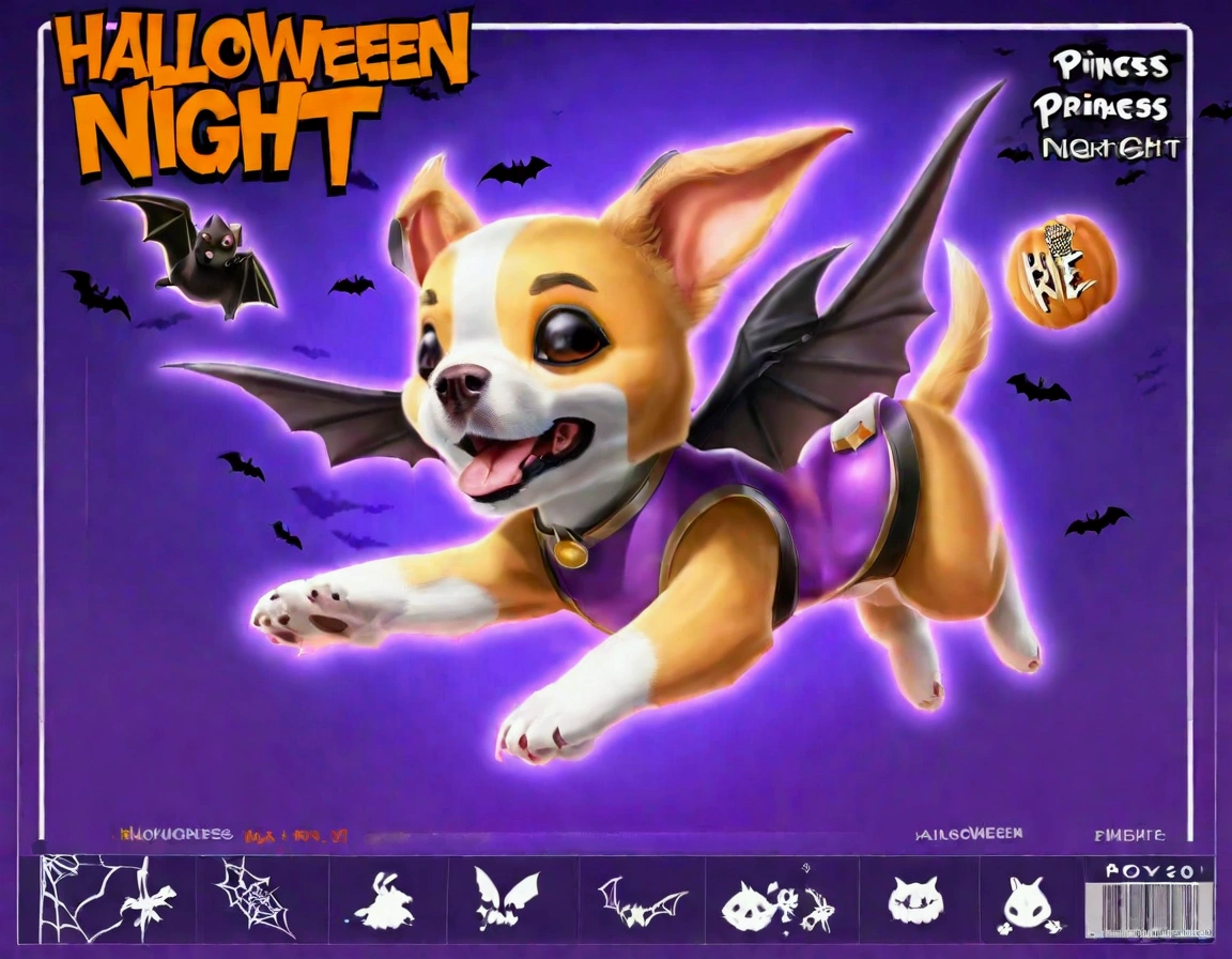 A flying puppy with bat wings, Halloween night, looking cute as he flying chases a girl in a princess costume
