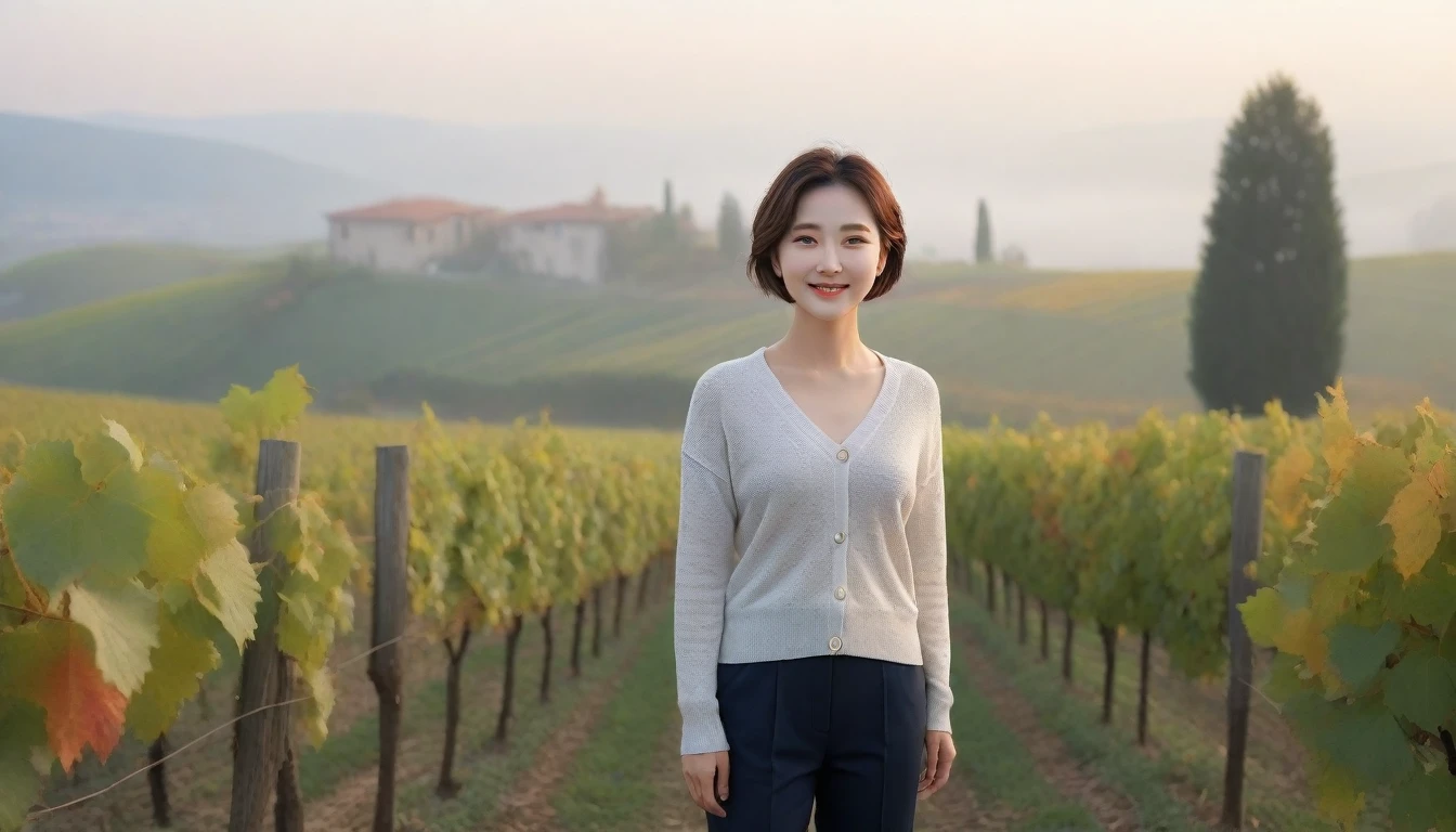 8k realistic, lifelike photo,, 36 year old Korean woman, Short in stature, pretty like a model. front view, white shirt and short cardigan, casual pants, short medium hair, smiling, Italy. autumn, vineyard, thick dawn fog. vineyard 지나 짙은 안개 속으로 저 멀리 성당이 보인다. Full body shot from afar with a wide angle lens , 1 woman, Short in stature, looking at the camera, superb picture quality, The morning fog thickens, The picture quality is alive.. Full body shot with Canon 16-35 wide angle lens, Put on your sunglasses and look to the side