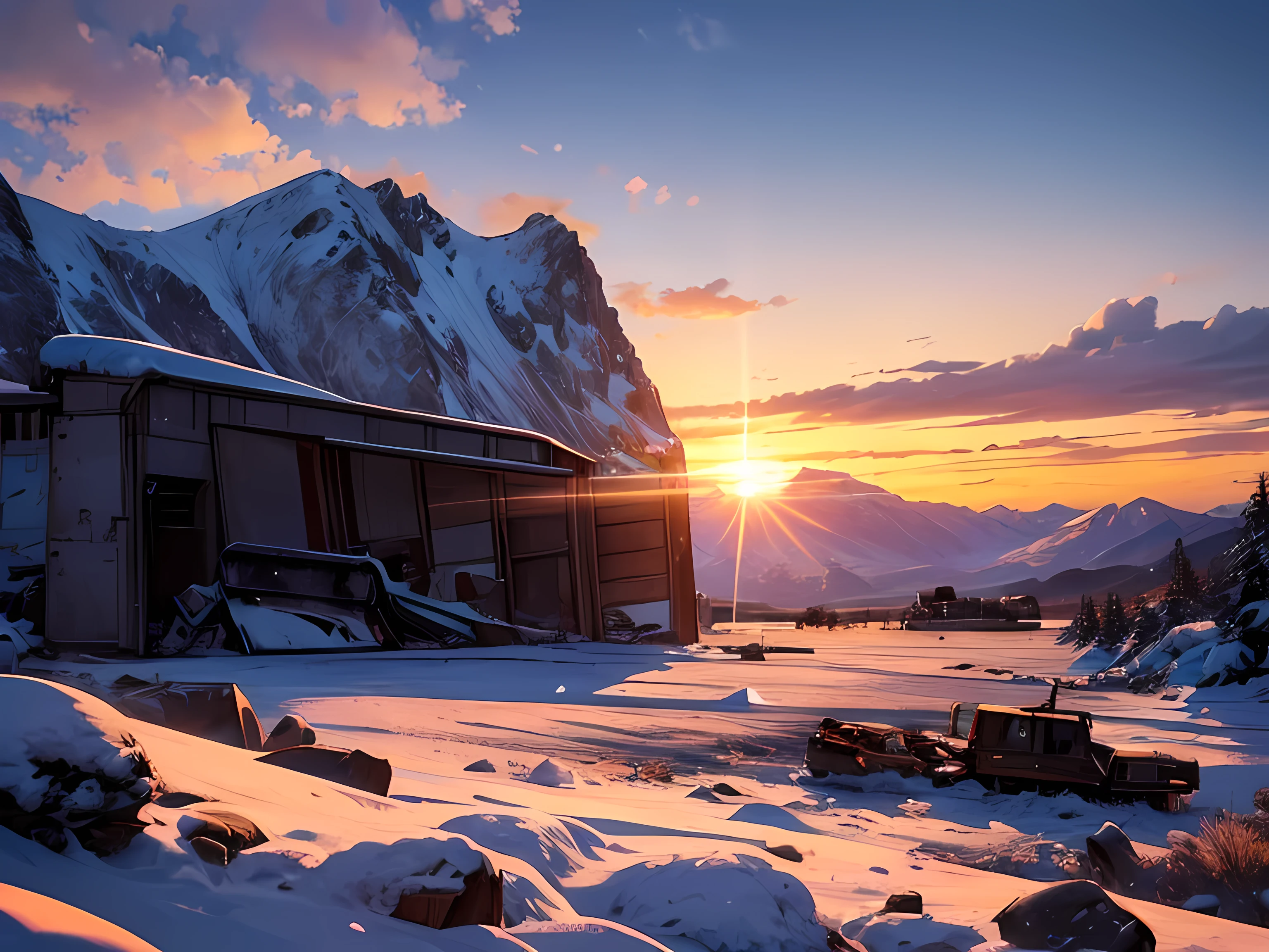 snow field with a sunrise in the background, There are mountains, debris and rocks around, pieces of signs and pieces of machinery in the distance and the field is spacious, big and wide with only snow and dirt, everything in view in a flat space, and by far everything mentioned