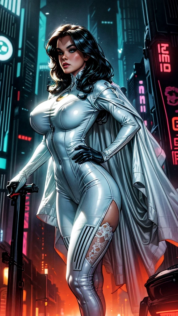 A beautiful Latina model Daisy Marie wearing a tight white silk spacesuit with white lace details, futuristic cyberpunk, full body in comic panel, entire body, bold lineart illustration comics, seductive blue eyes, parted lips, perfect curvy fitness body, nsfw, in the style of Adam Hughes, masterpiece, adult, exploring retro-futuristic aesthetics, highlighting confidence and skill, big city night, Blade Runner