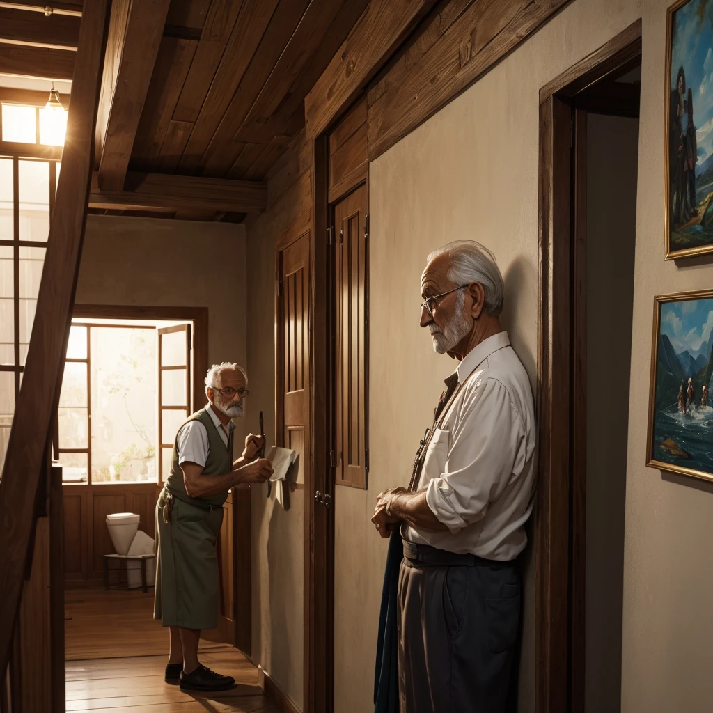Old man notices that a woman has entered his premises and is looking at his paintings