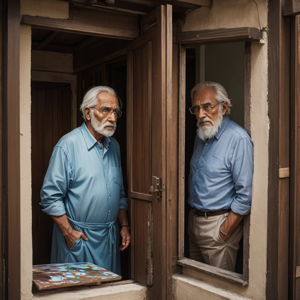 Old man notices that a woman has entered his premises and is looking at his paintings