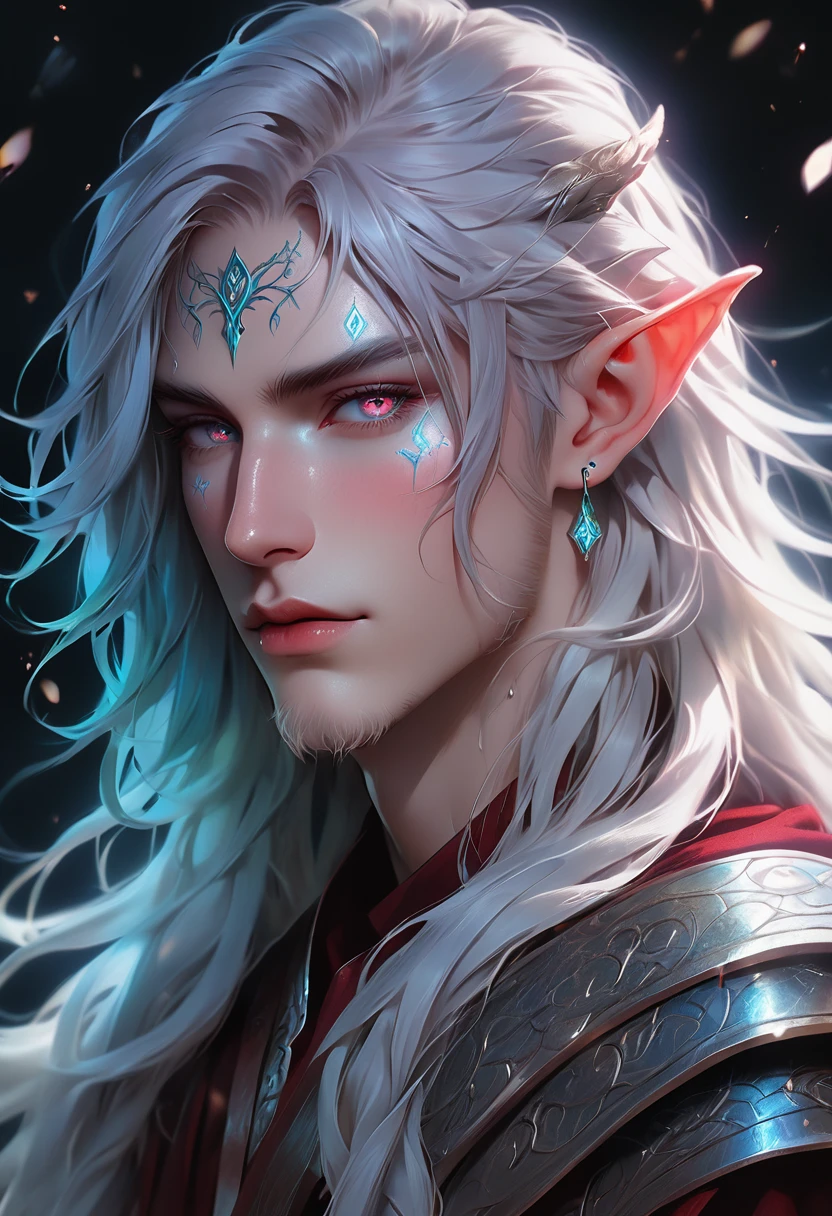 ethereal demonic 25 year old anime guy male druid, with metallic foil print blood red long hair, delicate masterpieceintimate delicate etched glowing rune tattoos, winking, beautiful gorgeous elf ((male)) kissyface, perfect face, blue/black pastel eyes, long white wisp hair, freckles, piercings, foil print neonbody art, laboratory experiment, perfect anatomy, centered, almost perfect, dynamic, very detailed, glowing, artstation, concept art, soft and sharp focus, art by Carne Griffiths and Wadim Kashin, high-definition accent lighting, epic, elven atmosphere, contrasted with vibrant paint colors., futuristic cyborg in the year 2950,