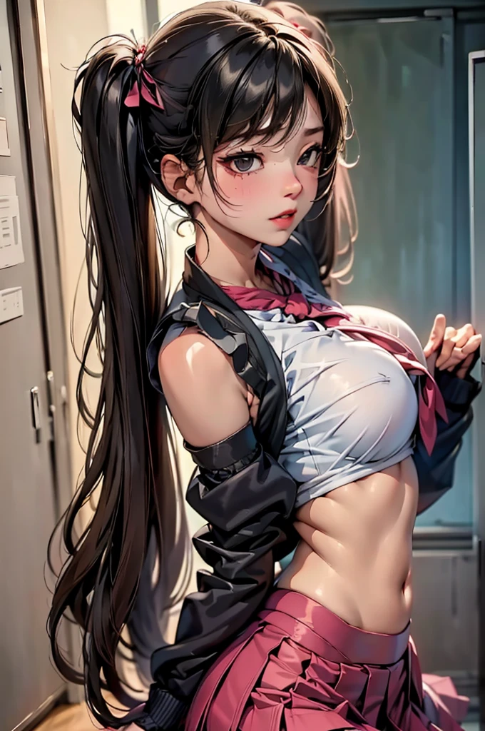 from side, ly pose, Highest quality、masterpiece、Photorealistic:1.5、Photo Real、solo、Perfect body、Beautiful Japan 、18-year-old、skinny、Sexhite uniform、Red tie、(Huge boobs)(Underbust)))))、Lower Breast、A seershirt t shows off a little of the underside of the chest)、(The underboob is visible、Uniform with visible ribs and navel)、Ultra mini skirt 、bare shoulder、((Looking at the audience))、Blushing、Black hair twin tails)、Glowing Skin、School classroom