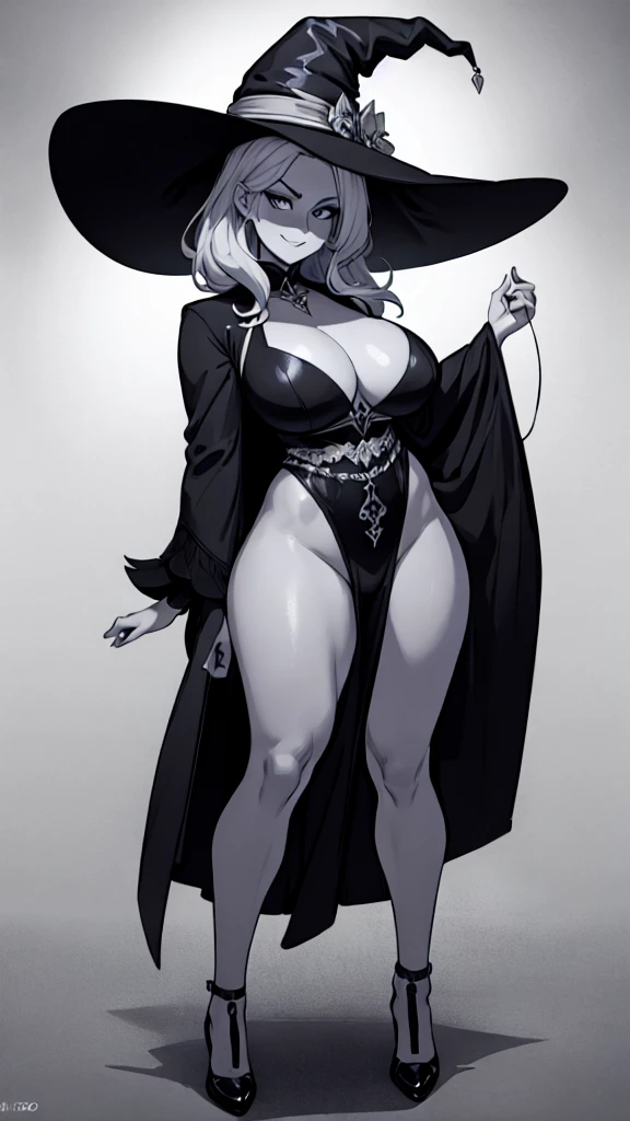 hyper realistic, attractive woman, giant breasts, gigantic waist, thick, seductive face, smirk, drawing of a woman in a hat and suit with a large hat, fashionable dark witch, full body illustration, anime full body illustration, witch girl, full body portrait of a short!, witch clothes, classical witch, black and white manga style, highly detailed character design, dressed with long fluent clothes, extremely fine ink lineart, by Naondo Nakamura