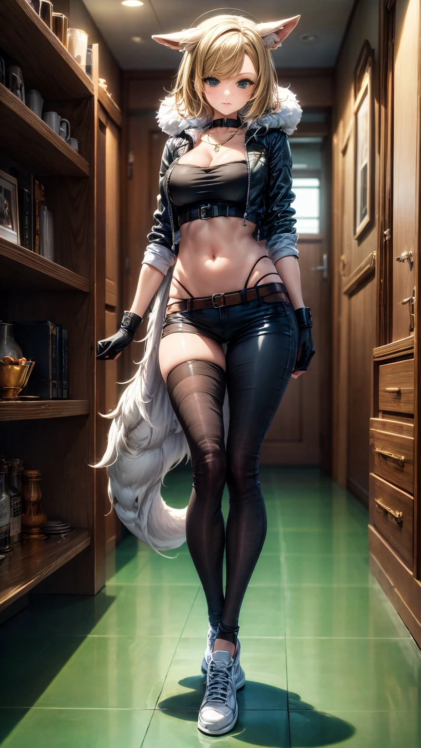 Oh, league of legend, sexy for, wallpapers, detailed eyes, fox ear, (fox tails), a skirt, (long pink fur), medium breasts, Looking at_Shown in_Looking atl espectador, short_hair, gloves, belly button, fail, blue_there are eyes, Eternal, full_body, weapon, Footwear, necklaces, negro_gloves, pulp, hooded, hair_overcome_Yoon_there are eyes, Cultivator_above, hoodie, negro_pants, sneakers, Cut_jacket, cyber punk character, Cut_hoodie