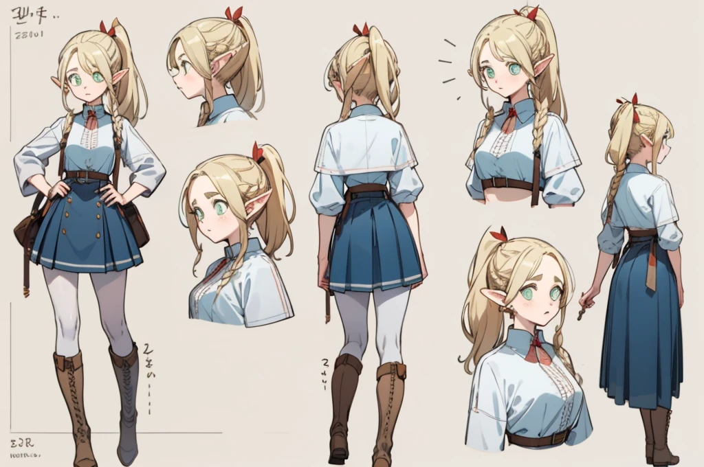 stockings,pantyhose,skirt,dress,white top,boots, fashionable clothing,(whole body,character design sheet,front,Back,side),long golden hair,single ponytail,Double tail,high ponytail,thick eyebrows, bust and waist,beautiful blonde,(masterpiece),((best quality)),(super detailed),(beautiful eyes beautiful details eyes,Clean and delicate face)