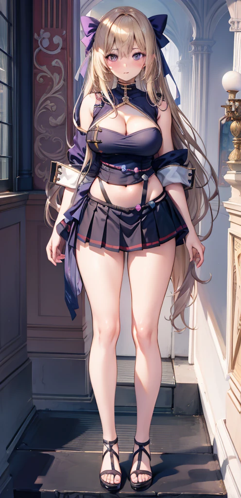 girl,Large Breasts,long hair,Topless,Bow,Blonde Hair, Purple Eyes, Cleavage,Large Breasts,whole body,foot