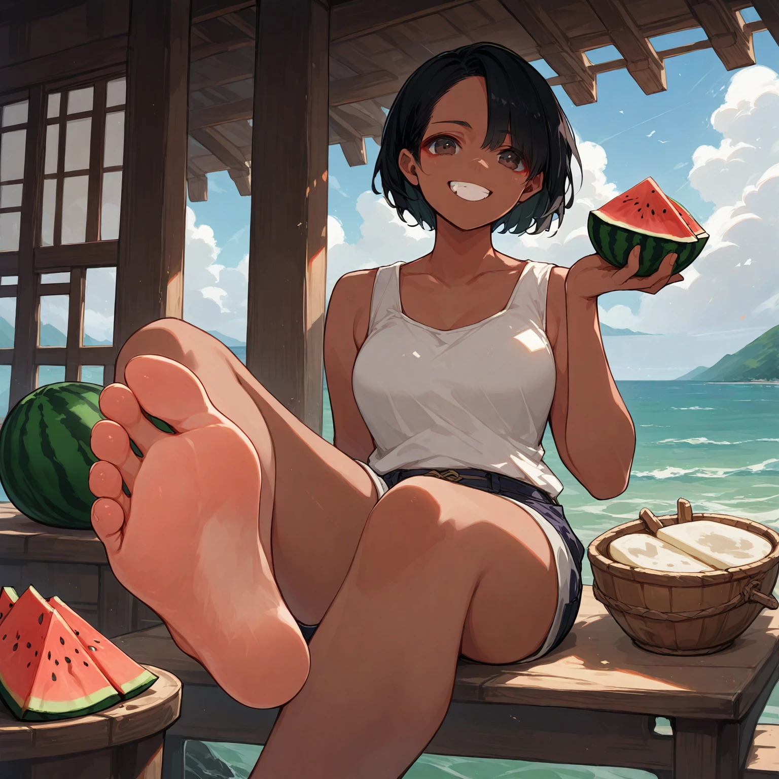 score_9, score_8_up, score_7_up, source_anime, high res image, masterpiece, best quality, 1 girl, Brown skin, shiny hair, ultra detailed eyes, eye highlights, short hair, black hair, brown eyes, white tank top, short shorts, smile,foot focus、 (eating watermelon:1.1), holding watermelon with both hands, verandah, japanese home, sitting, cetus,ocean in the distance