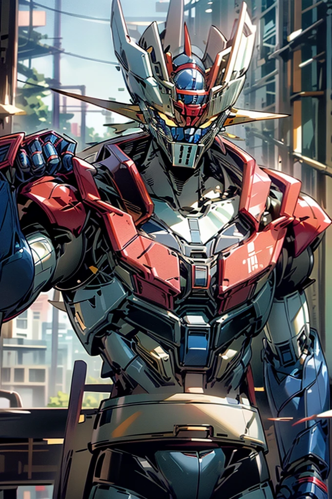 best quality, 8k, very delicate and beautiful, highly detailed face and skin texture, high resolution, mazinger z standing in city, sharp focus