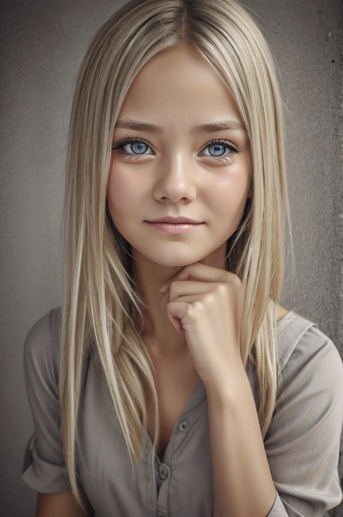 A drawing of a blonde girl with gray eyes crying, She has a gray dress that is half old and dirty.. cheered up.