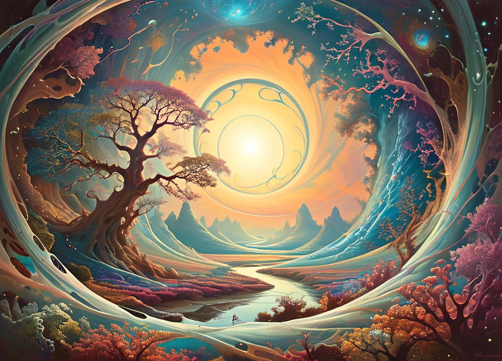 Hidden realms of existence where the concept of toroidal fields manifests as mesmerizing toruses. These fields are depicted with vibrant, ethereal colors and intricate details, showcasing their profound and captivating nature. The illustration should highlight the swirling, dynamic patterns and the energy flows that define toroidal fields, evoking a sense of mystery and wonder