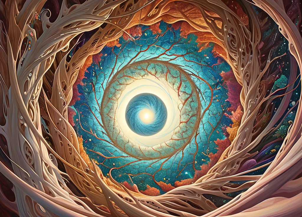 Hidden realms of existence where the concept of toroidal fields manifests as mesmerizing toruses. These fields are depicted with vibrant, ethereal colors and intricate details, showcasing their profound and captivating nature. The illustration should highlight the swirling, dynamic patterns and the energy flows that define toroidal fields, evoking a sense of mystery and wonder