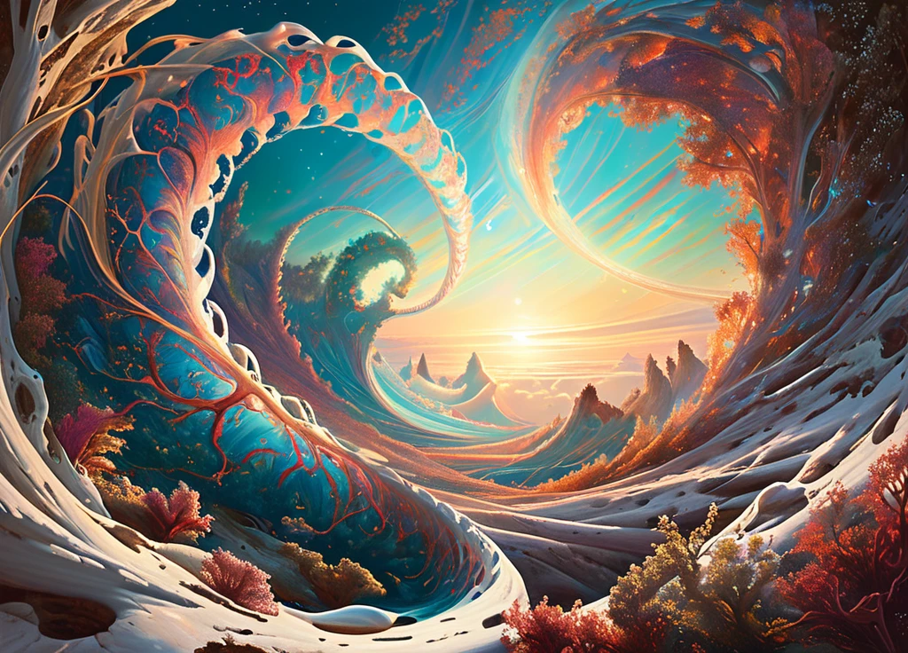 Hidden realms of existence where the concept of toroidal fields manifests as mesmerizing toruses. These fields are depicted with vibrant, ethereal colors and intricate details, showcasing their profound and captivating nature. The illustration should highlight the swirling, dynamic patterns and the energy flows that define toroidal fields, evoking a sense of mystery and wonder