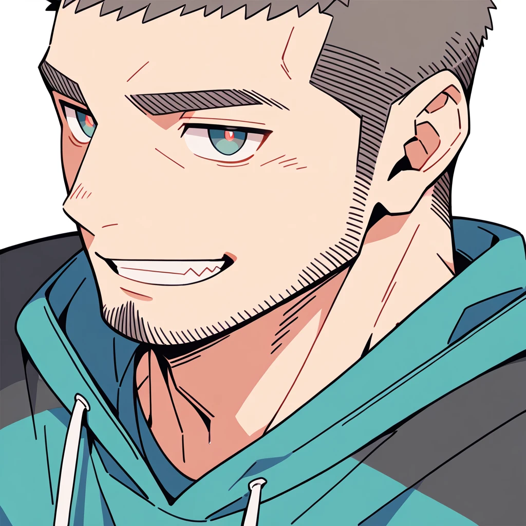 anime characters:Priapus, Muscle Sports Student, Buzz Cut, Manliness, male focus, Sports tight hooded sweatshirt, Wear a high-necked tights underneath, Very tight, full and perky chest muscles, muscular male, muscular, only, Upper body, alone, Red short hair, Thick eyebrows, stubble, Brown-red pupils, White background, simple background, amazing quality, best aesthetics, Ridiculous, crew cut, smirk, bright pupils, grin, negative space, negative space, best quality