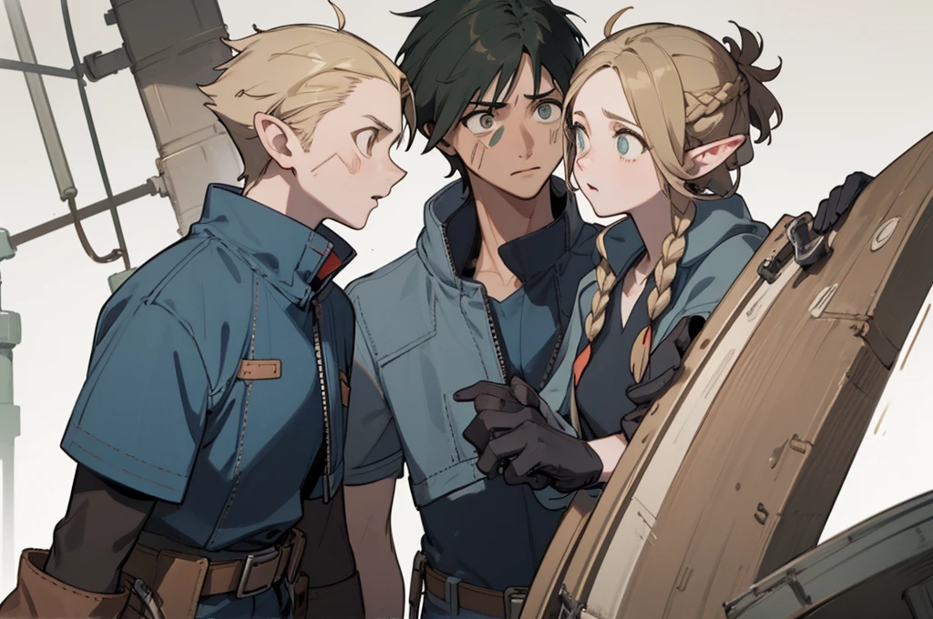 (high-quality, breathtaking),(expressive eyes, perfect face) Symmetrical Eyes, portrait, Star Wars Universe, 1girl, female, adult, mechanic, punk jacket, shirt, short sleeved, gloves, pants, belt, wrench, crystals on belt, messy hair, black hair color, brown eye color, medium hair length, stylized hairstyle, pixie haircut, tall, technician outfit, engineer, workshop background, work bench, tools, mature, narrow eyes, scars
