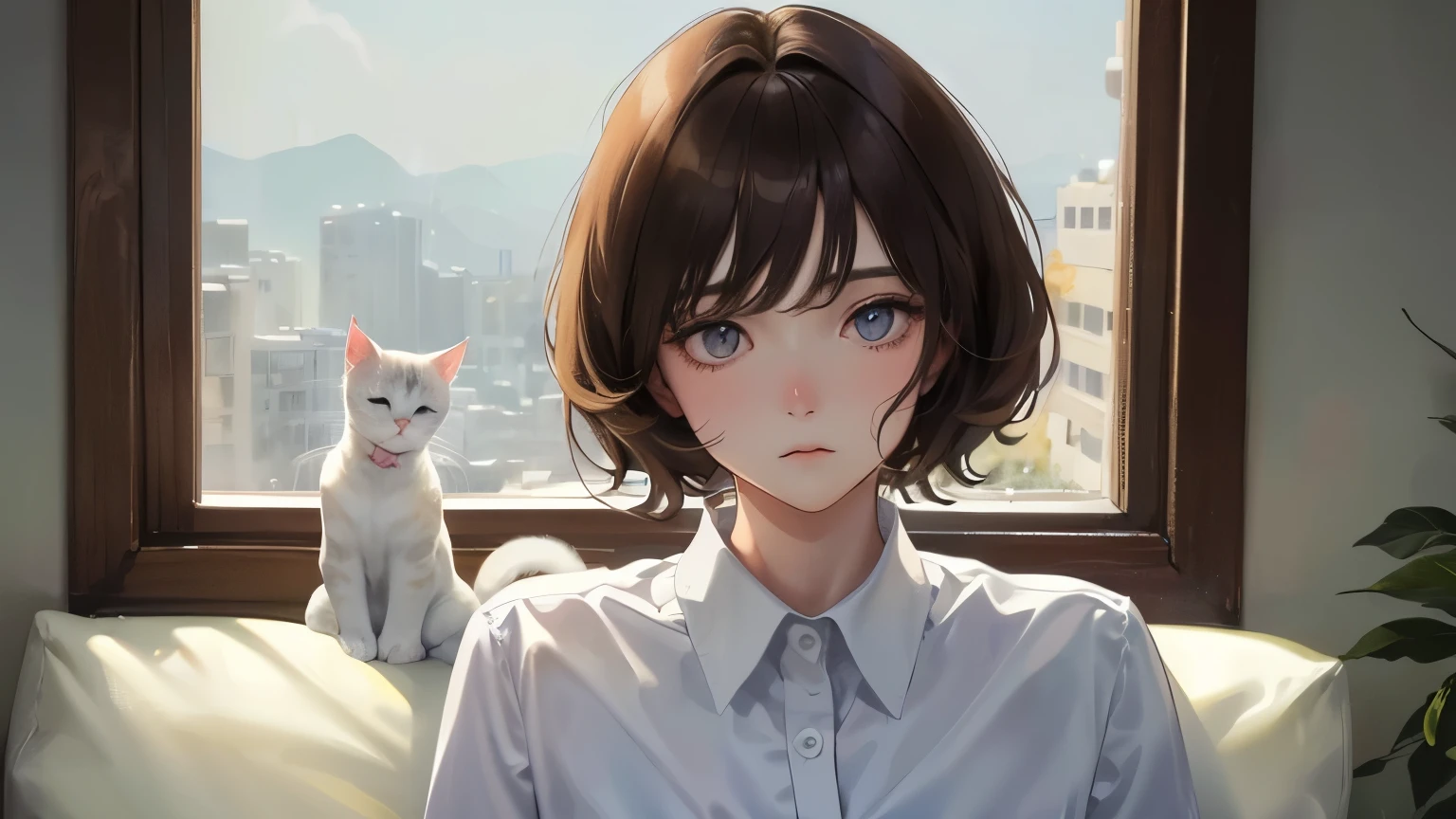 (jamaica colors))、(((White Cat)))、(((Expressionless)))、((1 person)),Masterpiece,best quality, ((Backlight))),Sandals ,((White shirt))、(()),determined expression, Upper body diagram、 (Highest Resolution、Clear_image)、Best Quality、Light and shadow contrast、((Backlight))、Very detailed、Semi-realistic、Short Hair Styles、Brown Hair、bangs、19 years old、 Young lady,,young、((View from top))、Delicate Facial Features