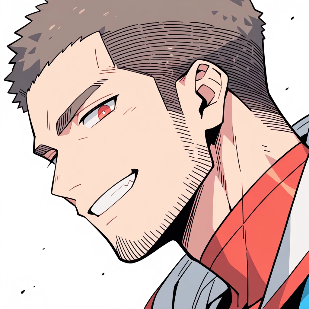 anime characters:Priapus, Muscle Sports Student, Buzz Cut, Manliness, male focus, Sports tight hooded sweatshirt, Wear a high-necked tights underneath, Very tight, full and perky chest muscles, muscular male, muscular, only, Upper body, alone, Red short hair, Thick eyebrows, stubble, Brown-red pupils, White background, simple background, amazing quality, best aesthetics, Ridiculous, crew cut, smirk, bright pupils, grin, negative space, negative space, best quality