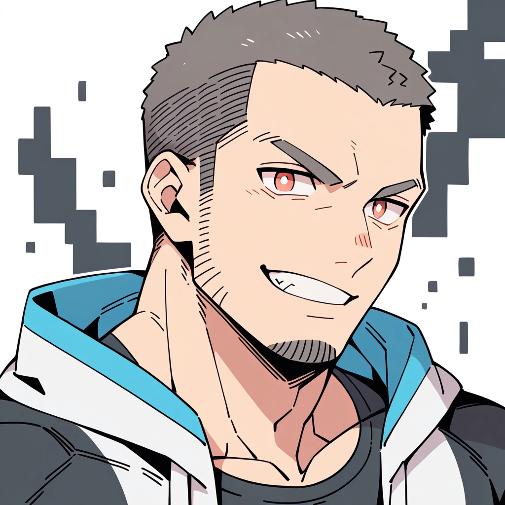 anime characters:Priapus, Muscle Sports Student, Buzz Cut, Manliness, male focus, Sports tight hooded sweatshirt, Wear a high-necked tights underneath, Very tight, full and perky chest muscles, muscular male, muscular, only, Upper body, alone, Red short hair, Thick eyebrows, stubble, Brown-red pupils, White background, simple background, amazing quality, best aesthetics, Ridiculous, crew cut, smirk, bright pupils, grin, negative space, negative space, best quality