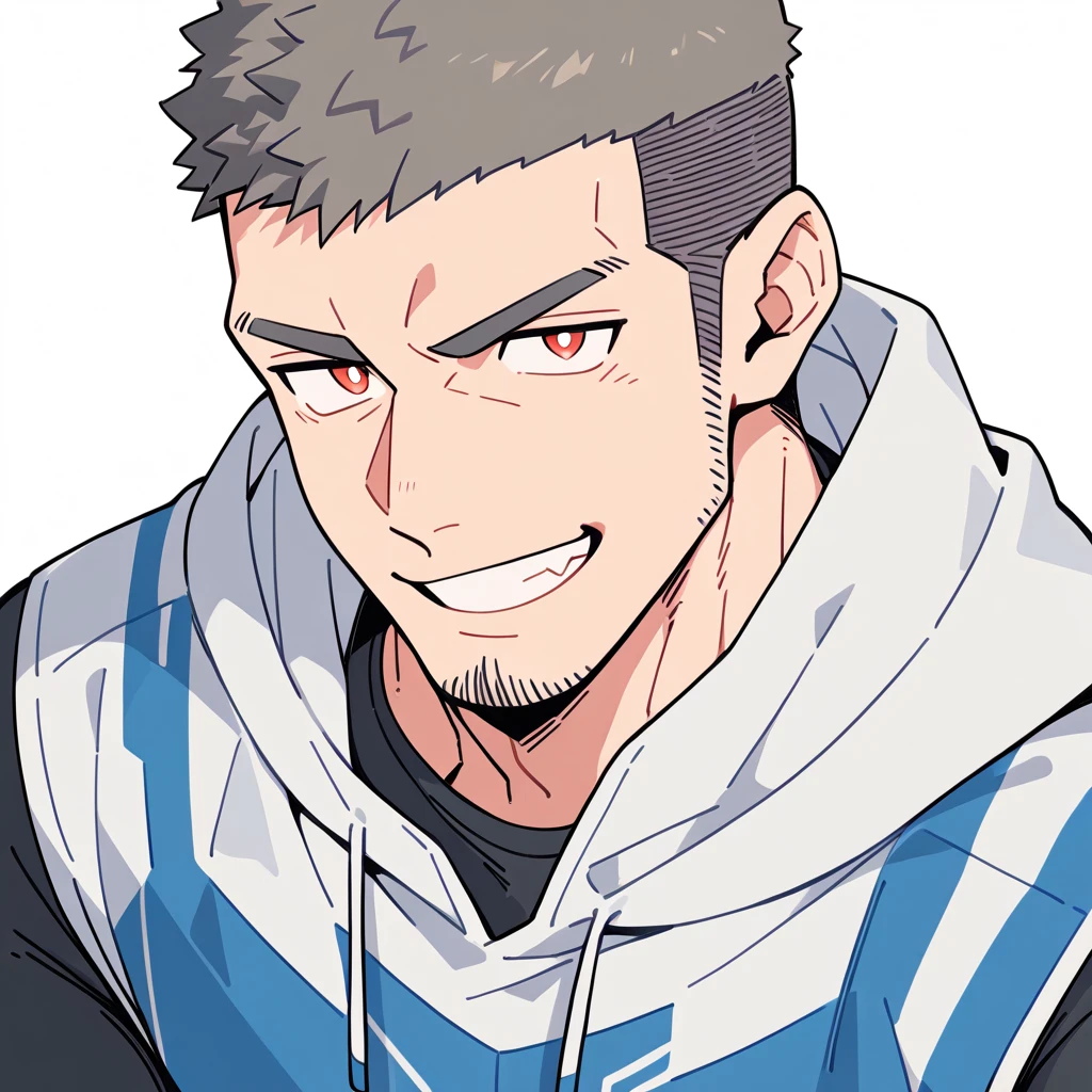 anime characters：Priapus, Muscle Sports Student, Buzz Cut, Manliness, male focus, Sports tight hooded sweatshirt, Wear a high-necked tights underneath, Very tight, full and perky chest muscles, muscular male, muscular, only, Upper body, alone, Red short hair, Thick eyebrows, stubble, Brown-red pupils, White background, simple background, amazing quality, best aesthetics, Ridiculous, crew cut, smirk, bright pupils, grin, negative space, negative space, best quality