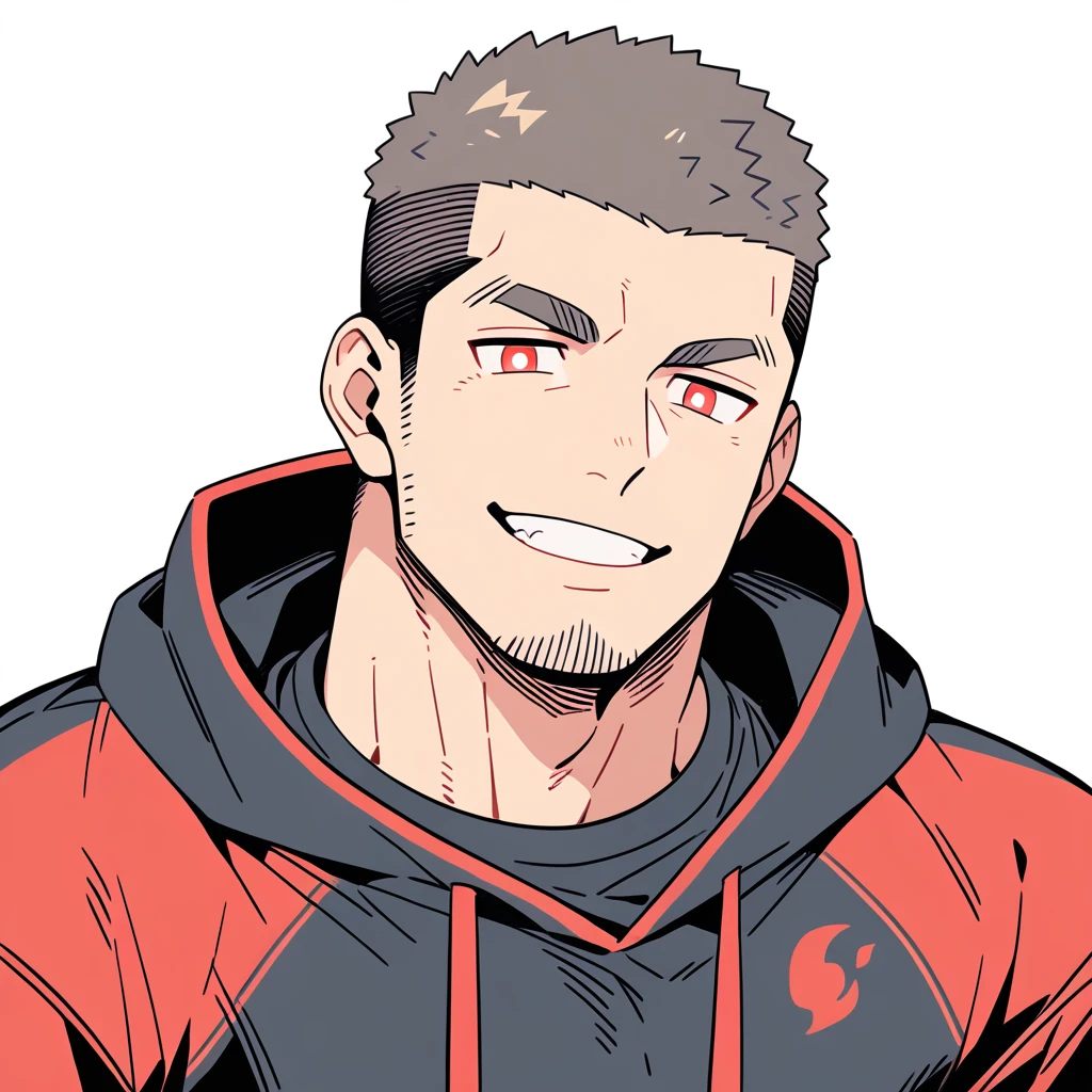 anime characters：Priapus, Muscle Sports Student, Buzz Cut, Manliness, male focus, Sports tight hooded sweatshirt, Wear a high-necked tights underneath, Very tight, full and perky chest muscles, muscular male, muscular, only, Upper body, alone, Red short hair, Thick eyebrows, stubble, Brown-red pupils, White background, simple background, amazing quality, best aesthetics, Ridiculous, crew cut, smirk, bright pupils, grin, negative space, negative space, best quality