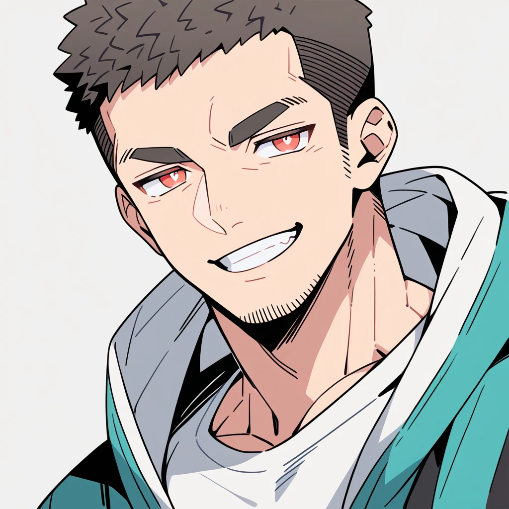 anime characters：Priapus, Muscle Sports Student, Buzz Cut, Manliness, male focus, Sports tight hooded sweatshirt, Wear a high-necked tights underneath, Very tight, full and perky chest muscles, muscular male, muscular, only, Upper body, alone, Red short hair, Thick eyebrows, stubble, Brown-red pupils, White background, simple background, amazing quality, best aesthetics, Ridiculous, crew cut, smirk, bright pupils, grin, negative space, negative space, best quality