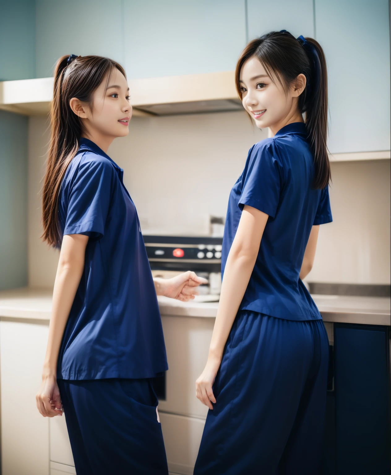 (best quality,10,10,height,Masterpiece:1.2),Special details,(realistic,ภาพrealistic,Realistic photos:1.37),1 Cute girl in the kitchen,shiny, ผิวshiny,only,smile softly,BDclothelue shirt:1.3)),short sleeve,shirt, กางเกงขาlong.,(navy_long_track pants:1.1), ((Kitchen Background)),Dynamic angle,excited,Face focus,dynamic poses,from behind,focus on ass,Masterpiece, best quality, ultra realistic, hyper detail, 8k resolution, raw photos, Sharp focus, ((Navy blue shirt:1.1)), short sleeve, เส้นทางlong, perfect body, 2 mature women, 18 years old, Cinema-grade lighting system,blue sweatpants,shirtผ้าออกกำลังกาย,correct anatomy,perfect body, correct body, Sharp face, correct bodyทางกายวิภาค, full body, realistic gestures, long-haired, realistic poses,Wear long shorts...........................,ช่วงขาlong,Good shape,carved girl, Slender figure, model, Good shape, beautiful body,blue sweatpants, two girls kissing