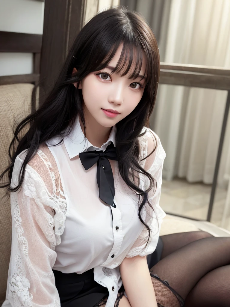 (RAW photo, best quality), (realistic, photo-realistic:1.3), masterpiece, an extremely delicate and beautiful, extremely detailed, CG, unity, 8k, amazing, finely detail, ultra-detailed, highres, absurdres, soft light, (black hair, short hair, curly hair, messy hair, bangs), beautiful detailed girl, detailed fingers, extremely detailed eyes and face, beautiful detailed nose, beautiful detailed eyes, (light on face), looking at viewer, (closed mouth:1.2), 1girl, cute, young, mature face, pale skin, (half body:1.3, sitting), (medium breasts), realistic face, realistic body, beautiful detailed thigh, (ulzzang-6500-v1.1:0.6), (white shirt, collared shirt, lace, black miniskirt, pantyhose, detached sleeves, bowtie), (semi smile:1.3), (aegyo sal:1), (kpop idol:1), relaxed,