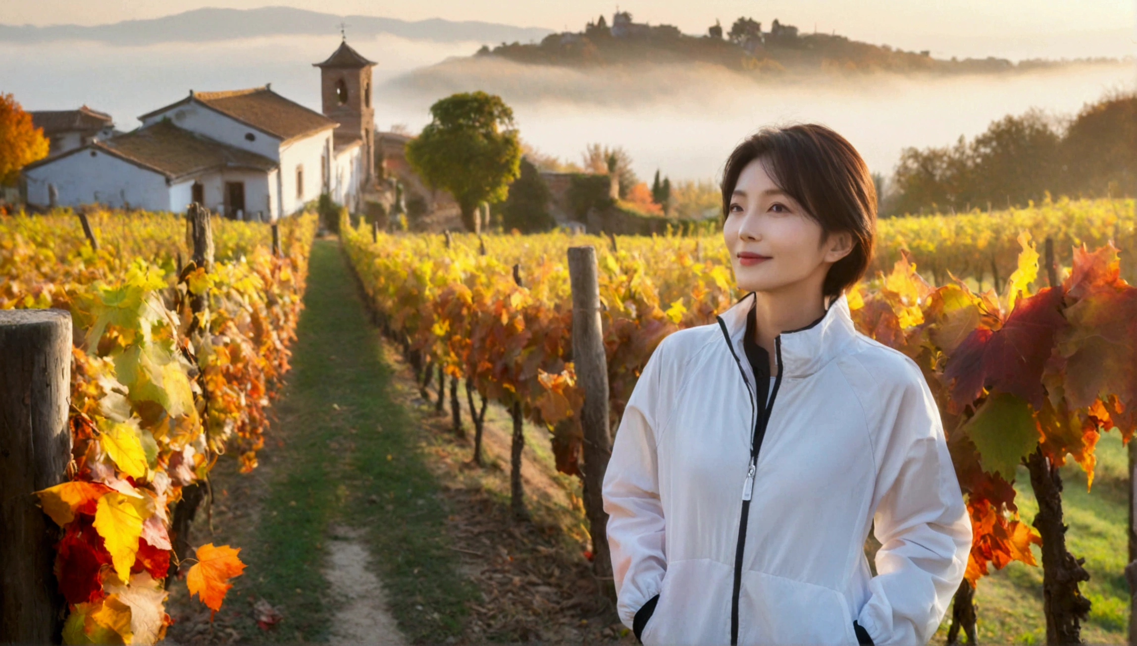 8k, 36 year old Korean woman, pretty like a model, Short hair, white shirt, Luxury brand windbreaker, casual pants, autumn, Dawn fog, path, vineyard, monastery, italian countryside village, Vivid picture quality, Realistic perfect picture quality, dawn fog, Wide angle lens shot from afar, Vivid picture quality, Delicate and perfect picture quality, smile.