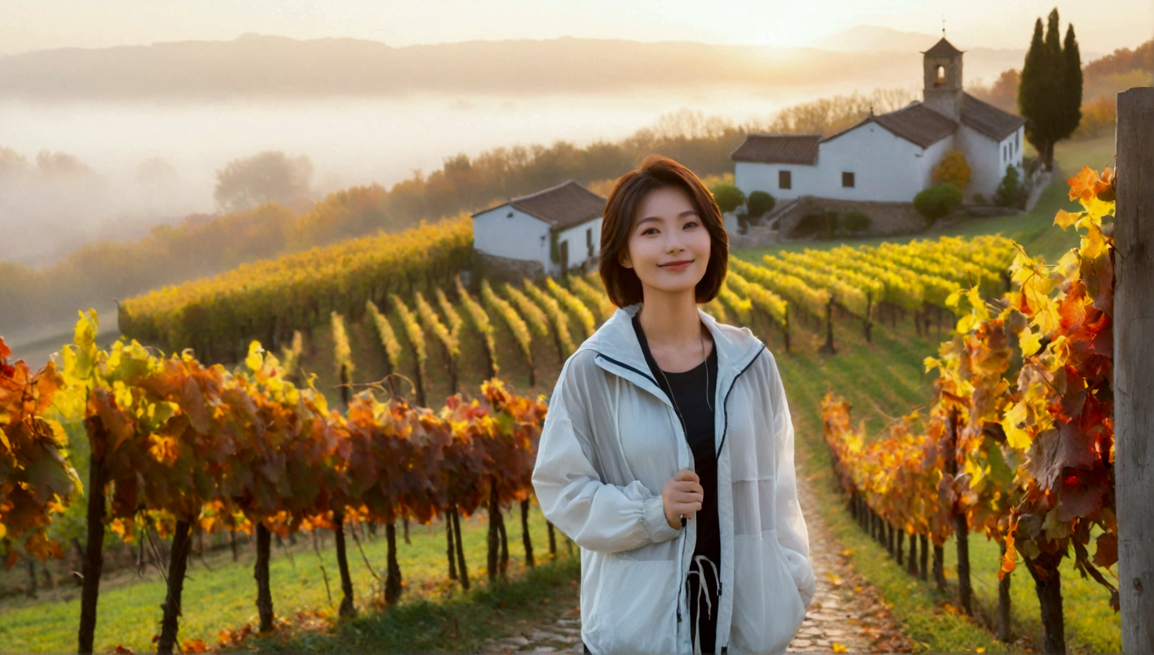 8k, 36 year old Korean woman, pretty like a model, Short hair, white shirt, Luxury brand windbreaker, casual pants, autumn, Dawn fog, path, vineyard, monastery, italian countryside village, Vivid picture quality, Realistic perfect picture quality, dawn fog, Wide angle lens shot from afar, Vivid picture quality, Delicate and perfect picture quality, smile.