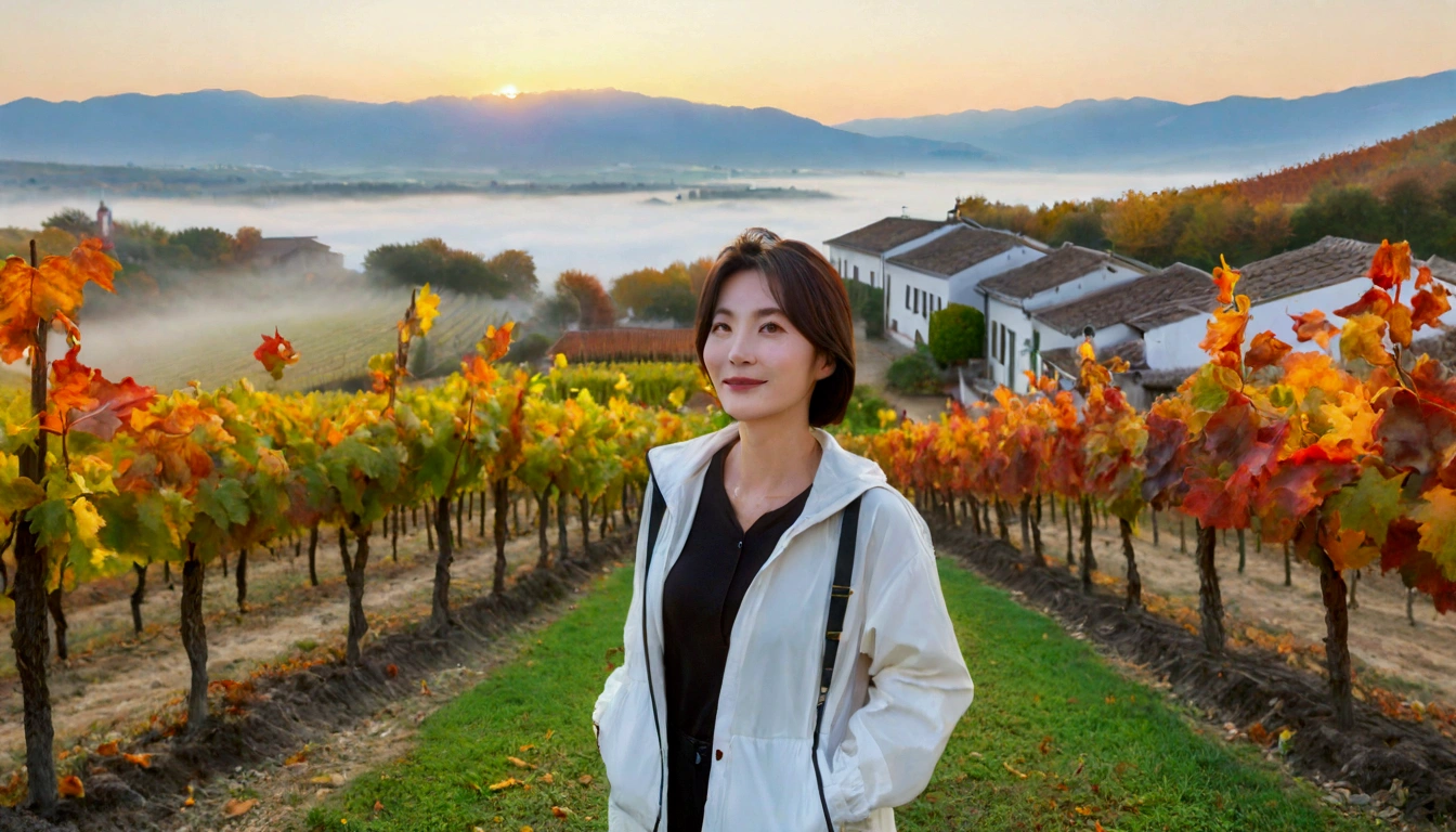 8k, 36 year old Korean woman, pretty like a model, Short hair, white shirt, Luxury brand windbreaker, casual pants, autumn, Dawn fog, path, vineyard, monastery, italian countryside village, Vivid picture quality, Realistic perfect picture quality, dawn fog, Wide angle lens shot from afar, Vivid picture quality, Delicate and perfect picture quality, smile.