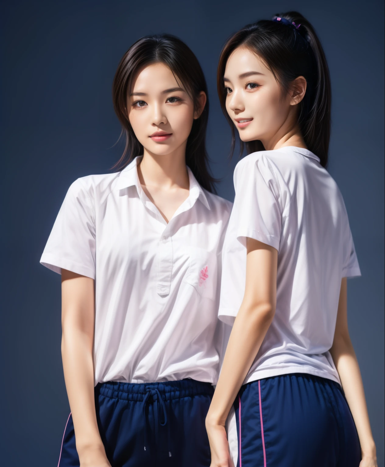 (best quality,10,10,height,Masterpiece:1.2),Special details,(realistic,ภาพrealistic,Realistic photos:1.37),1 Cute girl in the kitchen,shiny, ผิวshiny,only,smile softly,BDclothelue shirt:1.3)),short sleeve,shirt, กางเกงขาlong.,(navy_long_track pants:1.1), ((Kitchen Background)),Dynamic angle,excited,Face focus,dynamic poses,from behind,focus on ass,Masterpiece, best quality, ultra realistic, hyper detail, 8k resolution, raw photos, Sharp focus, ((Navy blue shirt:1.1)), short sleeve, เส้นทางlong, perfect body, 2 mature women, 18 years old, Cinema-grade lighting system,blue sweatpants,shirtผ้าออกกำลังกาย,correct ???????,perfect body, correct body, Sharp face, correct bodyทางกายวิภาค, full body, realistic gestures, long-haired, realistic poses,Wear long shorts...........................,ช่วงขาlong,Good shape,carved girl, Slender figure, model, Good shape, beautiful body,blue sweatpants, two girls kissing