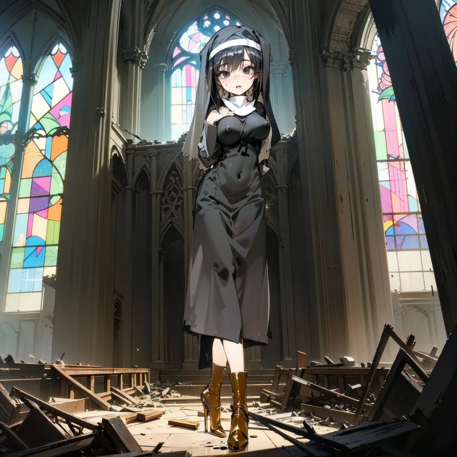 (solo), 1 skinny nun, (black sheer nun's robe), large breasts, stiletto heels, BREAK, black short hair, long sidelocks, black eyes, BREAK, short torso, skinny waist, skinny long legs, BREAK, old rotten church, devastated ruin, stained glass, BREAK, orgasm, coverd erectile nipples