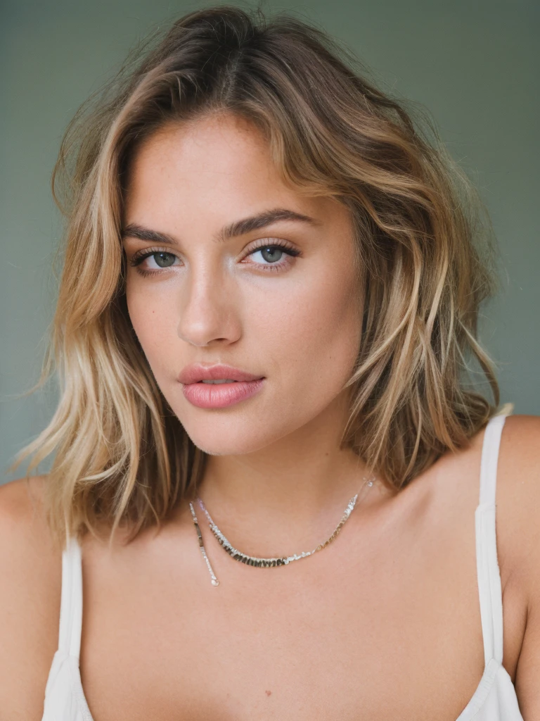 a beautiful 23-year-old woman, victoria secret, top model, pose for the picture, makeup, lips, ((medium large breast)), blonde, messy hair, short hair, necklace, film grain, retro, Porta 160 color, shot on ARRI ALEXA 65, Fujifilm XT-3