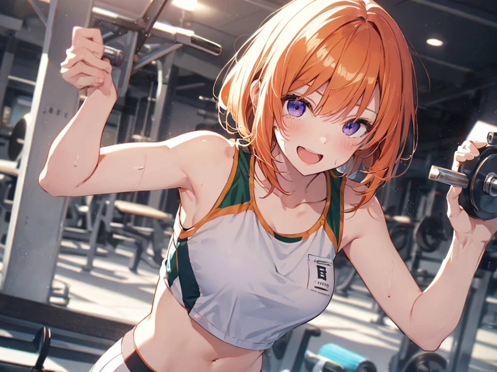 Woman with dumbbells, Elf Ears, Training Gym, Highest quality, Best image quality,Perfect Anatomy,masterpiece,Ultra-detailed,beautiful,super high quality, Highest quality,High resolution, Very detailed,Game CG,Dutch Angle ,beautiful細部までこだわった目,Visual Arts,Five Fingers, Perfect hands,Hide your hands, {{{One Girl}}}, beautiful詳細な***, Game CG, One curl on the outside, Short Bob Hair, Pastel orange hair, Purple eyes, breast enhancement, Medium Shoot, woman, Take-out, Laughter, huge , Pastel green training wear, sportswear, {{{{{Wearing a pastel green tank top}}}}},Open your mouth, wonderful, beautiful細部までこだわった目, Highest quality, Very delicate,Masseter muscle area,Highest quality,(Official Art、Highest quality、Unity 8k wallpaper、32K、masterpiece、Ultra-detailed、超High resolution、Realistic、Photorealistic:1.2)、(Cinema Lighting:1.2)、Fire Glow Effect、The most grainy shadows on the film、Side light、Side Shot、(Ultra-detailedで複雑な3Dレンダリング)、Atelier Series,training, Sweat, Hot body, steam, athletic field