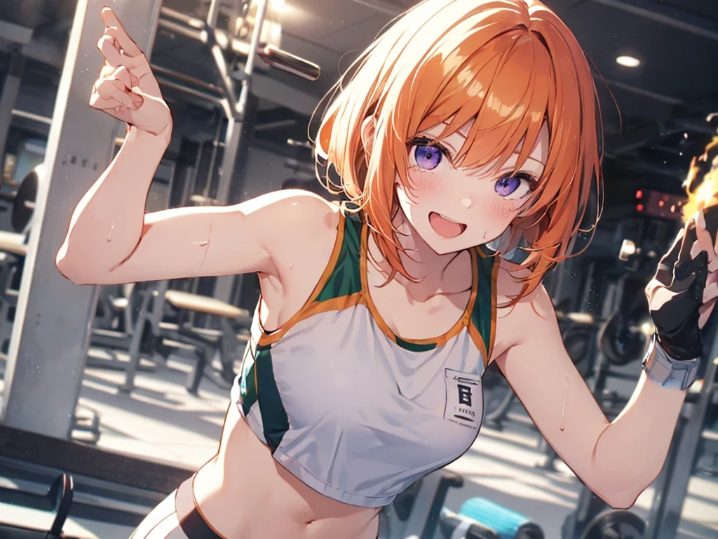 Woman with dumbbells, Elf Ears, Training Gym, Highest quality, Best image quality,Perfect Anatomy,masterpiece,Ultra-detailed,beautiful,super high quality, Highest quality,High resolution, Very detailed,Game CG,Dutch Angle ,beautiful細部までこだわった目,Visual Arts,Five Fingers, Perfect hands,Hide your hands, {{{One Girl}}}, beautiful詳細な***, Game CG, One curl on the outside, Short Bob Hair, Pastel orange hair, Purple eyes, breast enhancement, Medium Shoot, woman, Take-out, Laughter, huge , Pastel green training wear, sportswear, {{{{{Wearing a pastel green tank top}}}}},Open your mouth, wonderful, beautiful細部までこだわった目, Highest quality, Very delicate,Masseter muscle area,Highest quality,(Official Art、Highest quality、Unity 8k wallpaper、32K、masterpiece、Ultra-detailed、超High resolution、Realistic、Photorealistic:1.2)、(Cinema Lighting:1.2)、Fire Glow Effect、The most grainy shadows on the film、Side light、Side Shot、(Ultra-detailedで複雑な3Dレンダリング)、Atelier Series,training, Sweat, Hot body, steam, athletic field