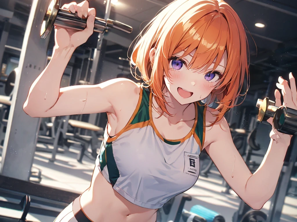 Woman with dumbbells, Elf Ears, Training Gym, Highest quality, Best image quality,Perfect Anatomy,masterpiece,Ultra-detailed,beautiful,super high quality, Highest quality,High resolution, Very detailed,Game CG,Dutch Angle ,beautiful細部までこだわった目,Visual Arts,Five Fingers, Perfect hands,Hide your hands, {{{One Girl}}}, beautiful詳細な***, Game CG, One curl on the outside, Short Bob Hair, Pastel orange hair, Purple eyes, breast enhancement, Medium Shoot, woman, Take-out, Laughter, huge , Pastel green training wear, sportswear, {{{{{Wearing a pastel green tank top}}}}},Open your mouth, wonderful, beautiful細部までこだわった目, Highest quality, Very delicate,Masseter muscle area,Highest quality,(Official Art、Highest quality、Unity 8k wallpaper、32K、masterpiece、Ultra-detailed、超High resolution、Realistic、Photorealistic:1.2)、(Cinema Lighting:1.2)、Fire Glow Effect、The most grainy shadows on the film、Side light、Side Shot、(Ultra-detailedで複雑な3Dレンダリング)、Atelier Series,training, Sweat, Hot body, steam, athletic field