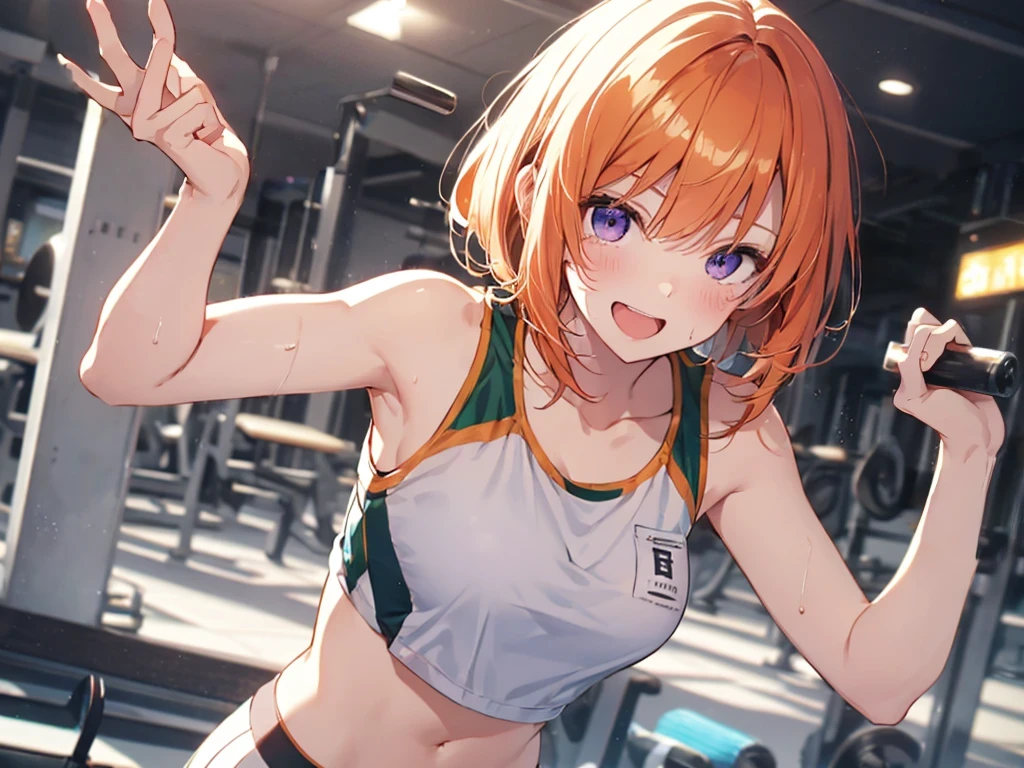 Woman with dumbbells, Elf Ears, Training Gym, Highest quality, Best image quality,Perfect Anatomy,masterpiece,Ultra-detailed,beautiful,super high quality, Highest quality,High resolution, Very detailed,Game CG,Dutch Angle ,beautiful細部までこだわった目,Visual Arts,Five Fingers, Perfect hands,Hide your hands, {{{One Girl}}}, beautiful詳細な***, Game CG, One curl on the outside, Short Bob Hair, Pastel orange hair, Purple eyes, breast enhancement, Medium Shoot, woman, Take-out, Laughter, huge , Pastel green training wear, sportswear, {{{{{Wearing a pastel green tank top}}}}},Open your mouth, wonderful, beautiful細部までこだわった目, Highest quality, Very delicate,Masseter muscle area,Highest quality,(Official Art、Highest quality、Unity 8k wallpaper、32K、masterpiece、Ultra-detailed、超High resolution、Realistic、Photorealistic:1.2)、(Cinema Lighting:1.2)、Fire Glow Effect、The most grainy shadows on the film、Side light、Side Shot、(Ultra-detailedで複雑な3Dレンダリング)、Atelier Series,training, Sweat, Hot body, steam, athletic field