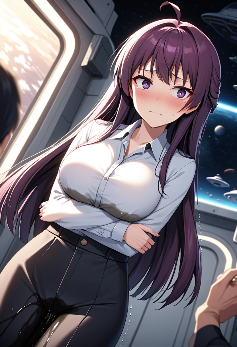 (high quality,Very detailed:1.37, High resolution), Woman, (mature:2.0), (Sakaki Yumiko:1.5), (very long hair:1.5), (straight hair:1.5) (dark purple hair:2.5), purple eyes, huge breasts, black tuxedo, necktie, (black pants:1.5), (wetting herself:2.0), standing, embarrassed, humiliation, (sanpaku eyes:1.5), (constricted pupils:1.5), (tiny pupils:1.5), (sweating:1.5), shaking, (trembling:1.5), (blushing:1.5), Meticulous details, (extremely detailed eyes:1.37), space station, interior, science fiction, futuristic