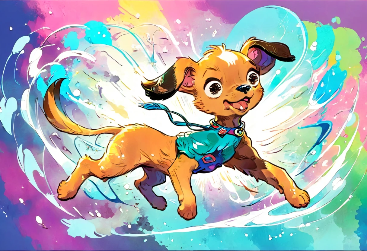 vintage comic book、Swirl art puppy cartoon character, Marker Outline, cute, Anime Style, Dynamic pose with arms and legs stretched out, whimsical expression, Floating in the stratosphere、The Earth appears round、Bright and vibrant colors, Dynamic Lighting, Digital Painting, masterpiece, (Highest quality,4K,8k,High resolution,masterpiece:1.2)
