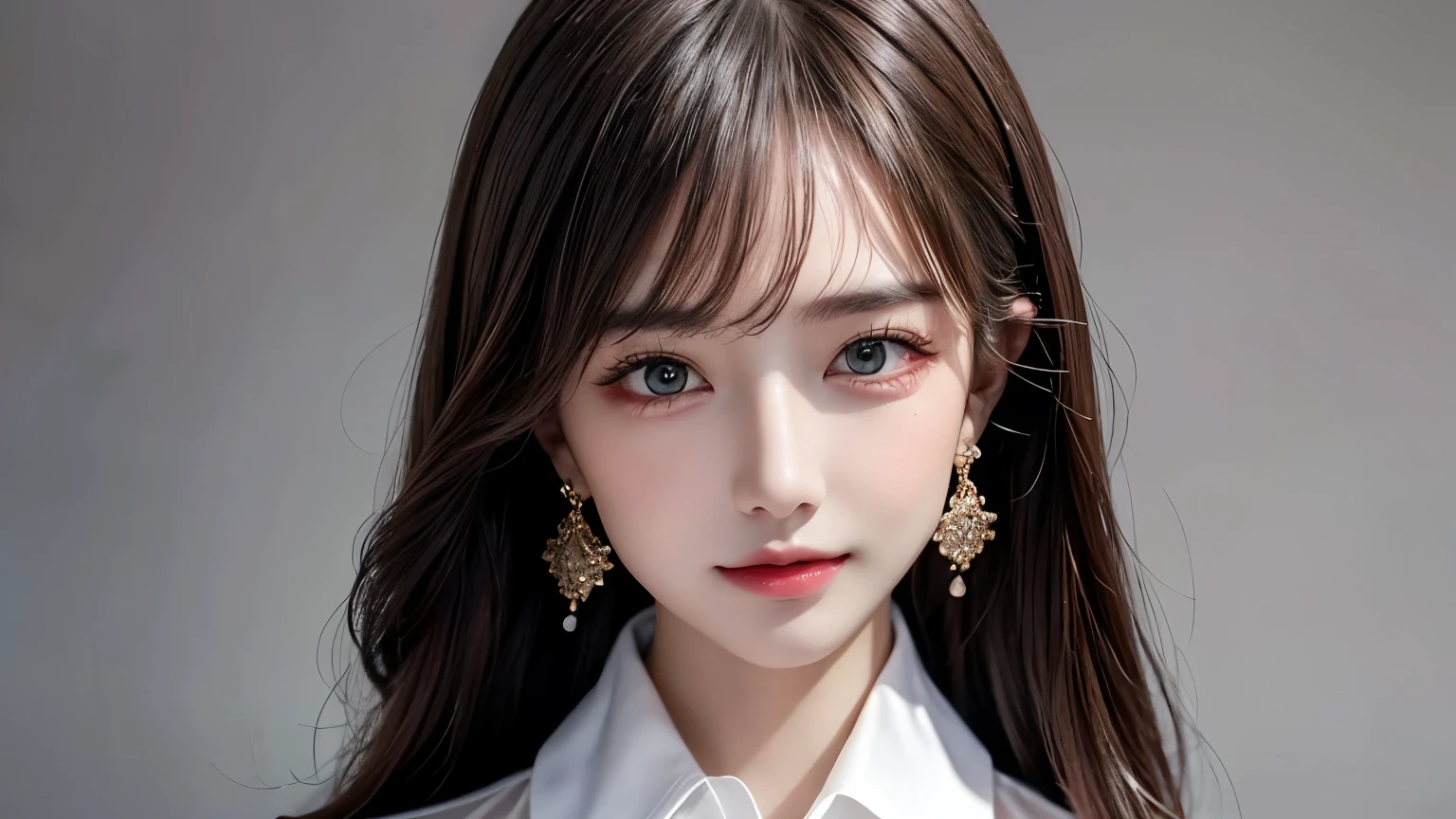 (masterpiece, Best Quality, photorealistic, ultra-detailed, finely detail, high resolution, 8K wallpaper), a close-up portrait of 1 beautiful woman, standing in the city, earrings, necklace, smiling happily, light-brown messy long hair, in black business suit, white collared shirt, unbuttoned, sharp-focus, large-sized breasts, perfect dynamic composition, beautiful detailed eyes, detailed hair, detailed realistic skin texture, a cover of a fashion magazine, professional photography, ,xxmix_girl
