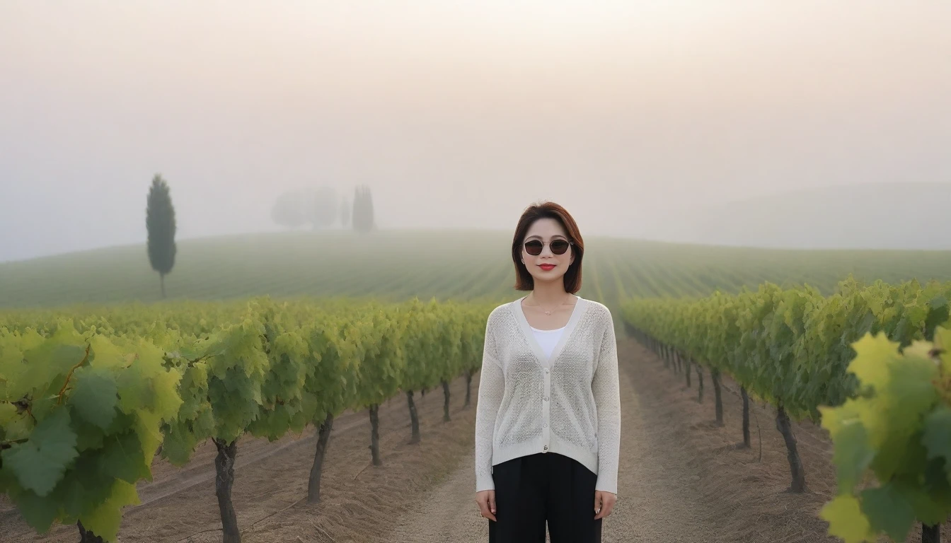 8k realistic, lifelike photo,, 36 year old Korean woman, Short in stature, pretty like a model. front view, white shirt and short cardigan, casual pants, short medium hair, smiling, Italy. spring, vineyard, thick dawn fog. vineyard 지나 짙은 안개 속으로 저 멀리 성당이 보인다. Full body shot from afar with a wide angle lens , 1 woman, Short in stature, looking at the camera, superb picture quality, The morning fog thickens, The picture quality is alive.. Full body shot with Canon 16-35 wide angle lens, Put on your sunglasses and look to the side