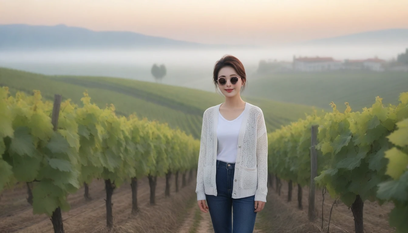 8k realistic, lifelike photo,, 36 year old Korean woman, Short in stature, pretty like a model. front view, white shirt and short cardigan, casual pants, short medium hair, smiling, Italy. spring, vineyard, thick dawn fog. vineyard 지나 짙은 안개 속으로 저 멀리 성당이 보인다. Full body shot from afar with a wide angle lens , 1 woman, Short in stature, looking at the camera, superb picture quality, The morning fog thickens, The picture quality is alive.. Full body shot with Canon 16-35 wide angle lens, Put on your sunglasses and look to the side