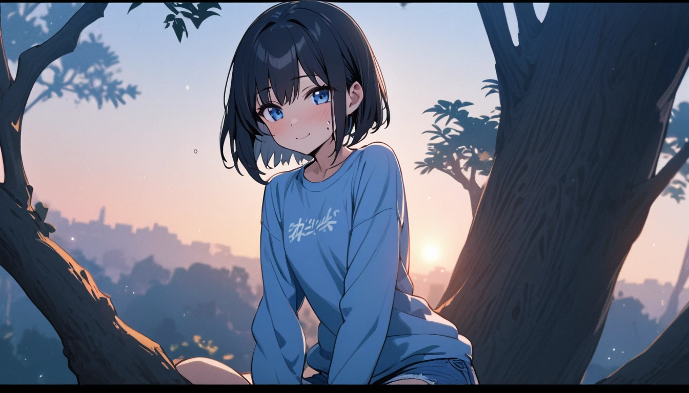 beautiful 1girl, solo, gentle smile on her face flat chest, short hair, black hair, beautiful blue eyes, a woman sitting on top of a tree, wearing a sweat shirt and short blue jeans
