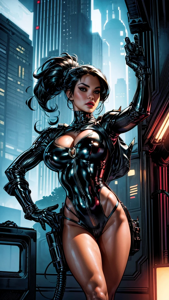 Adult Latina model Daisy Marie vestindo um traje espacial justo branco de seda com detalhes em renda branca, futurista cybberpunk, (((corpo inteiro))) no painel de quadrinhos, corpo todo, bold lineart illustration comics, olhos azuis sedutores, parted lips, Corpo perfeito, curved, Fitness, nsfw, ao estilo de Adam Hughes, (((obra prima))), (((adulto))) Explore retro-futuristic aesthetics, highlighting your confidence and skill. big city night, Blade Runner