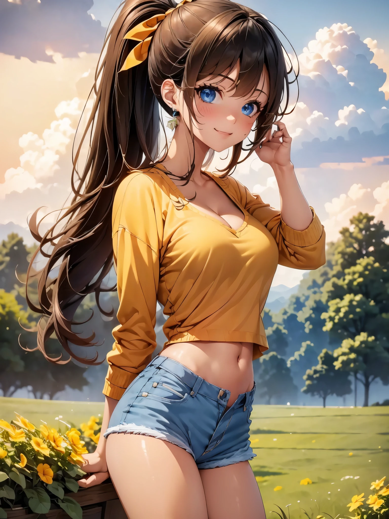 1girl, solo, beautiful girl, brunette skin, blue eyes, detailed anime style, perfect anatomy, narrow waist, medium breasts, long hair, brown hair, high ponytail, blue eyes, detailed eyes, blush, earrings, strapless shirt, pink shirt, denim shorts, cleavage, navel, midriff, smile, standing, perfect hands, arm up, woods, cabin, sunset, orange sky, clouds, outdoors, underboobs, ice cream, holding ice cream, high quality, high resolution,