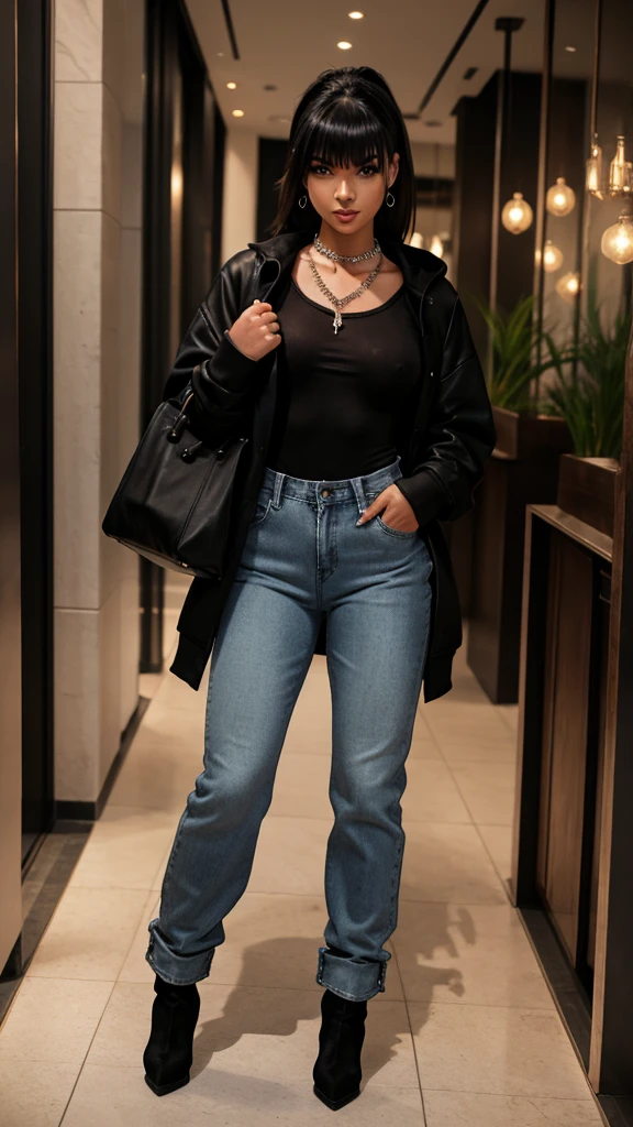 Alisha Lehmann skinny sexy model, black hair with Chinese bangs She is wearing an oversized black sweatshirt hoodie with big oversized denim jacket street wear tendy wear hands in pockets and big baggy high waist oversized denim baggy ripped jeans, she has small sexy breasts ankle boots heels sexy skinny thighs,full body view,luxuy restaurant night out, date night, black gloves hooves earrings, necklace chain,no tattoo walking , big hooves earrings, facing the camera full body view looking at the camera all fingers in the pocket oversized baggy pants hands wearing black gloves