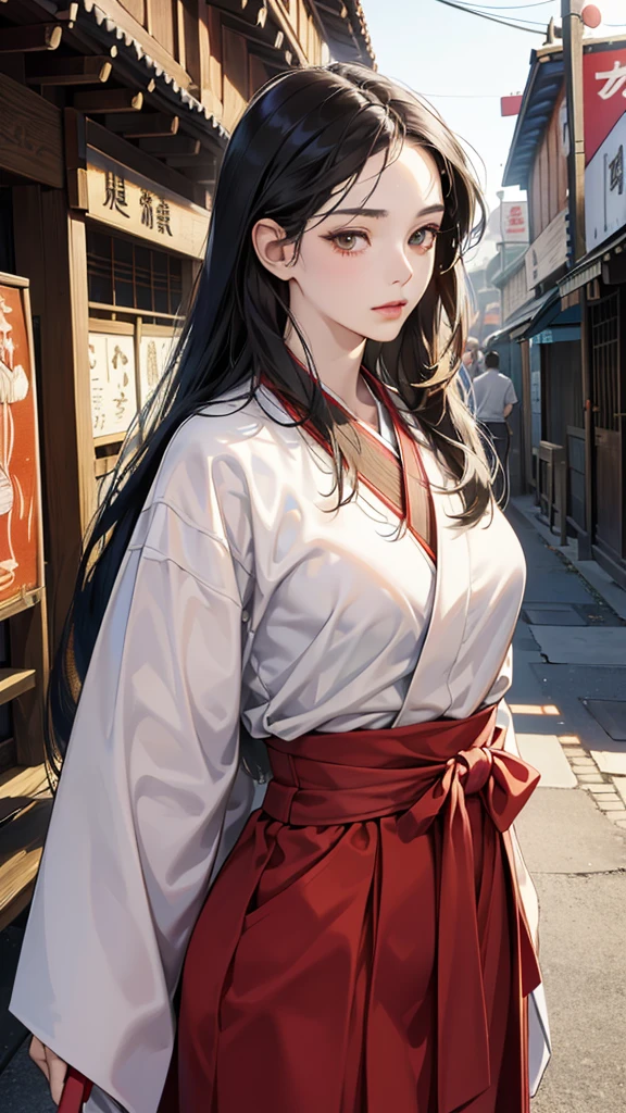 (perfect anatomy:1.2)(absurdres, highres, ultra detailed),masterpiece,best quality,high resolution,8k,Realistic face,Realistic skin texture,magnified textures, stunning clarity,detailed anime girl,(ultra detailed eyes and face),15 years old,black long hair,pale skin,Japanese shrine maiden, mysterious eyes,shrine maiden clothes,(white kimono),(The red long hakama),thin body type,big breasts,,(expressionless but bashful:1.2),Steampunk in the Edo Period、(Vivid hieroglyph signs and street advertisements:1.2)、silence、autumn、hieroglyph,souk、Ancient Egyptian statues、Shopping Street,,look at viewer,(from front:1.3),Delicate atmosphere、,cowboy shot,arms down、Looking at the viewer